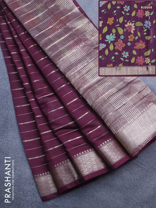 Assam silk saree wine shade with allover zari woven stripes pattern and zari woven border