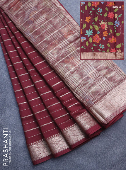 Assam silk saree maroon with allover zari woven stripes pattern and zari woven border