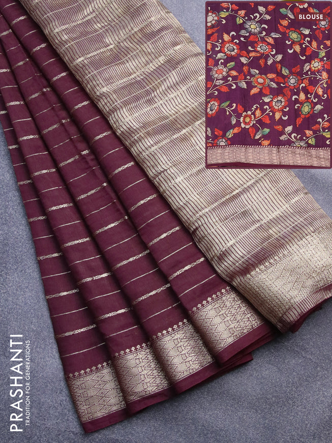 Assam silk saree wine shade with allover zari woven stripes pattern and zari woven border