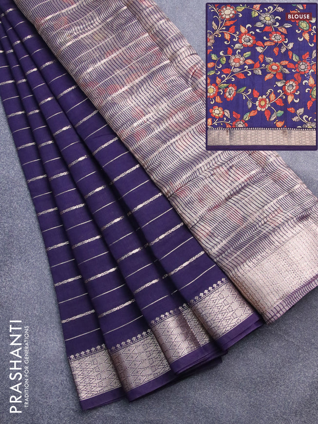 Assam silk saree blue with allover zari woven stripes pattern and zari woven border