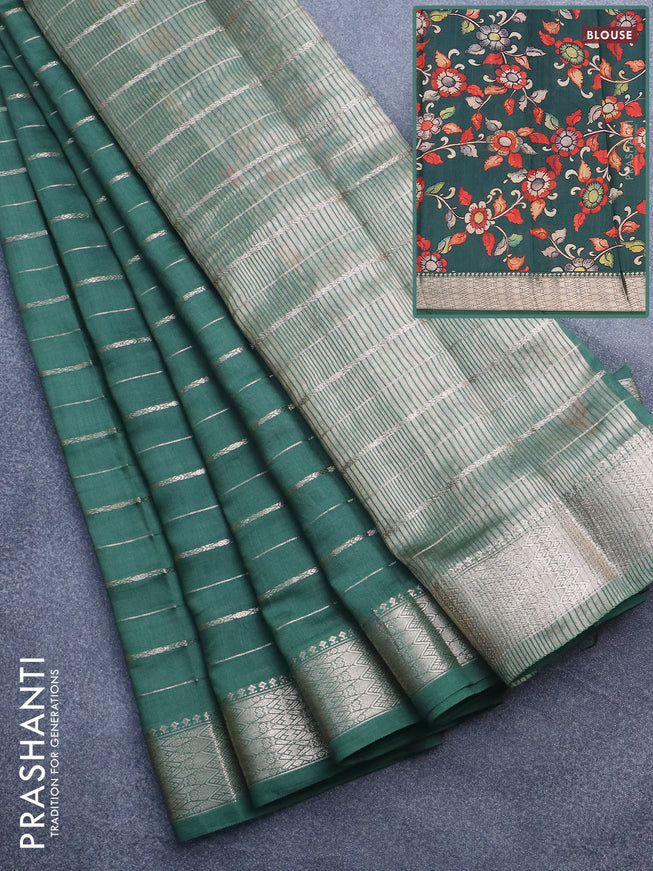 Assam silk saree green with allover zari woven stripes pattern and zari woven border