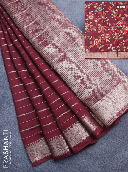 Assam silk saree maroon with allover zari woven stripes pattern and zari woven border