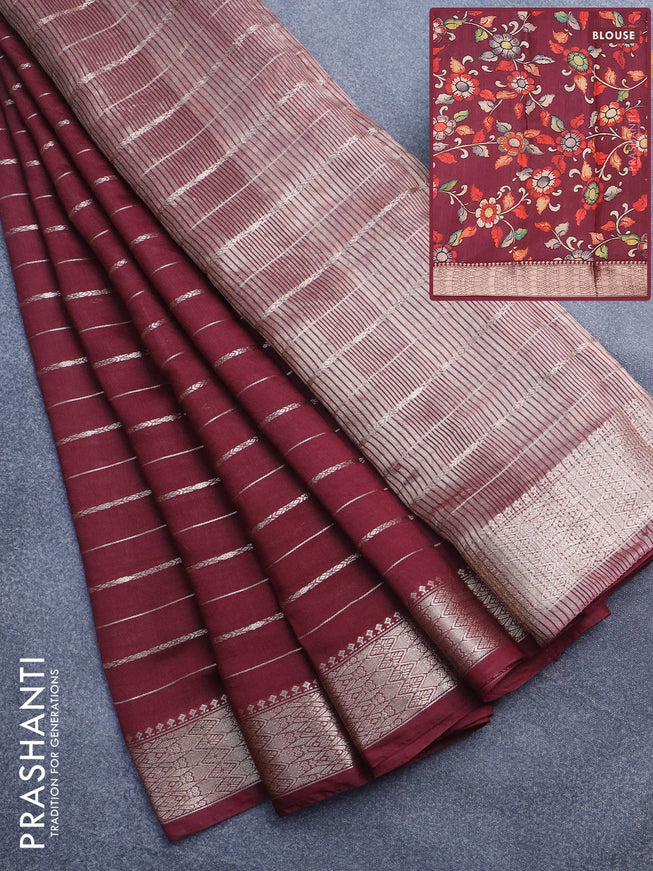 Assam silk saree maroon with allover zari woven stripes pattern and zari woven border