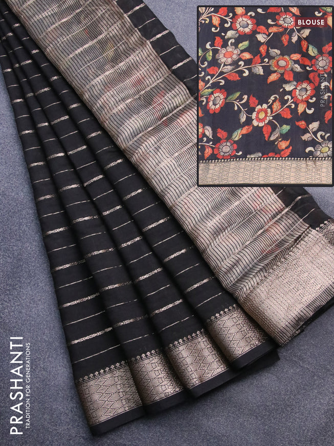 Assam silk saree black with allover zari woven stripes pattern and zari woven border