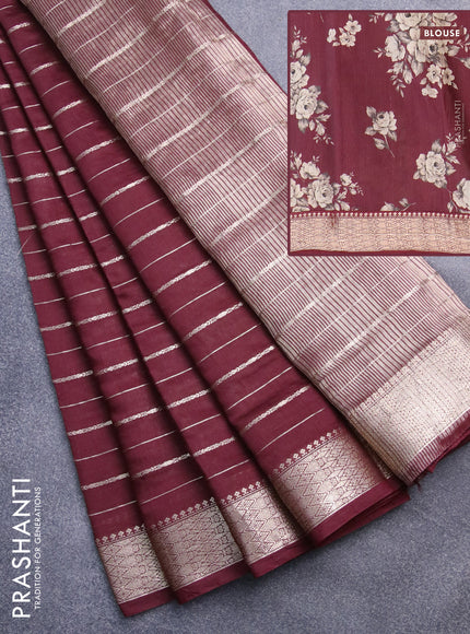 Assam silk saree maroon with allover zari woven stripes pattern and zari woven border