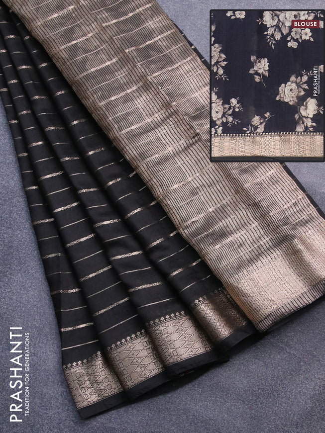 Assam silk saree black with allover zari woven stripes pattern and zari woven border