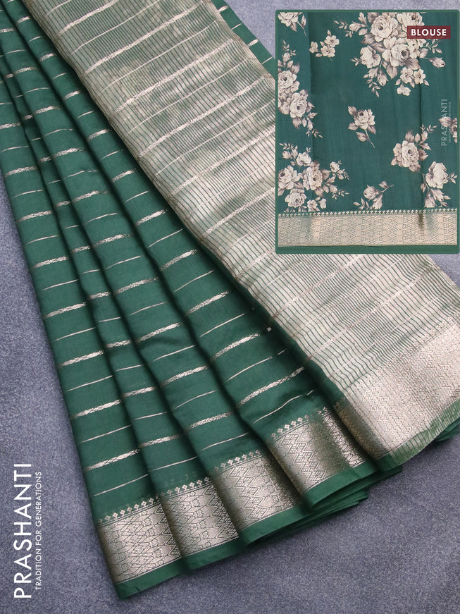 Assam silk saree green with allover zari woven stripes pattern and zari woven border