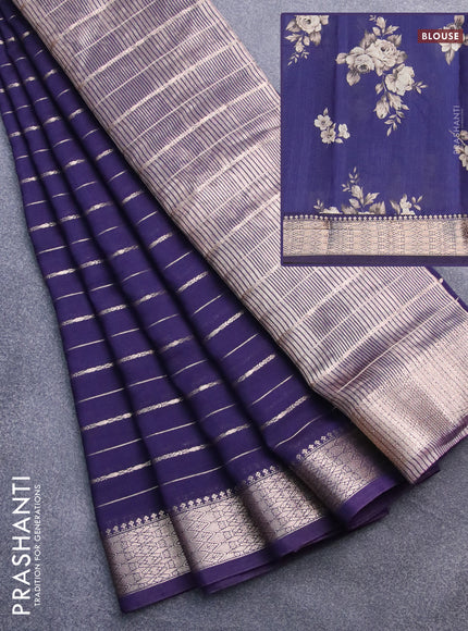 Assam silk saree blue with allover zari woven stripes pattern and zari woven border