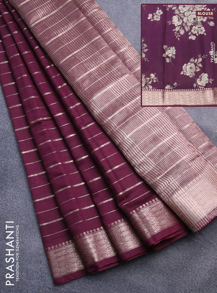 Assam silk saree wine shade with allover zari woven stripes pattern and zari woven border