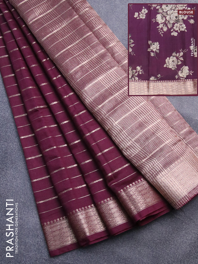 Assam silk saree wine shade with allover zari woven stripes pattern and zari woven border