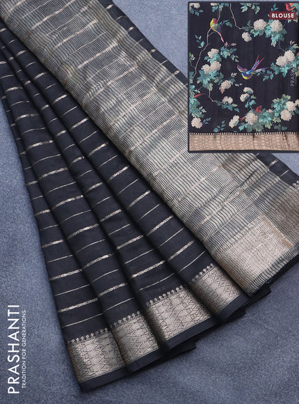 Assam silk saree black with allover zari woven stripes pattern and zari woven border