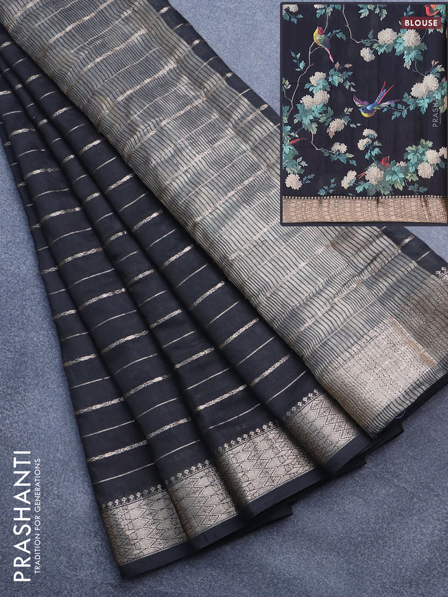 Assam silk saree black with allover zari woven stripes pattern and zari woven border