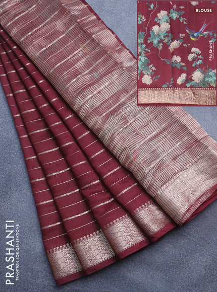 Assam silk saree maroon with allover zari woven stripes pattern and zari woven border