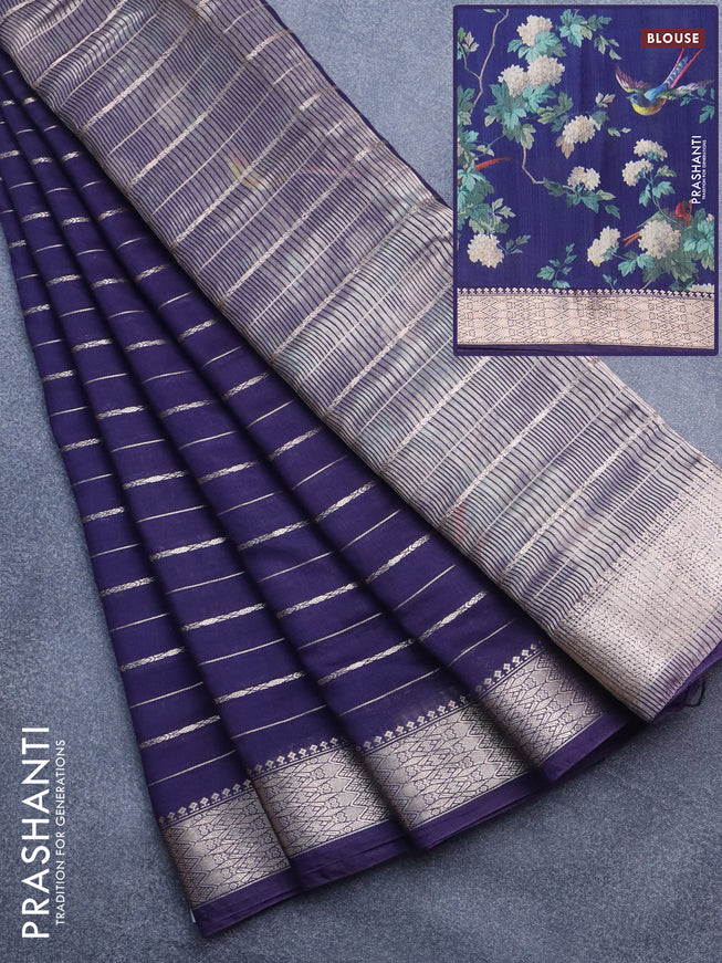 Assam silk saree blue with allover zari woven stripes pattern and zari woven border