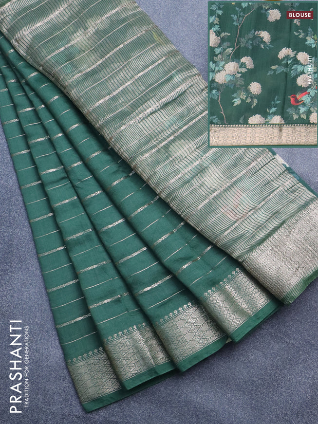 Assam silk saree green with allover zari woven stripes pattern and zari woven border