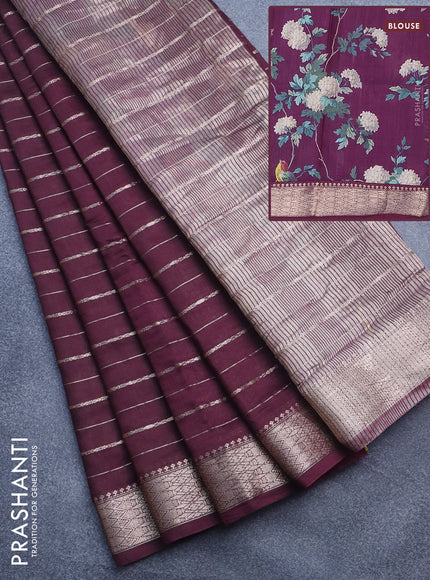 Assam silk saree wine shade with allover zari woven stripes pattern and zari woven border