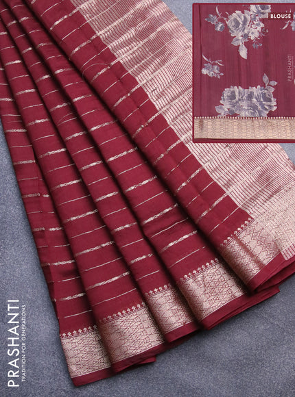 Assam silk saree maroon with allover zari woven stripes pattern and zari woven border