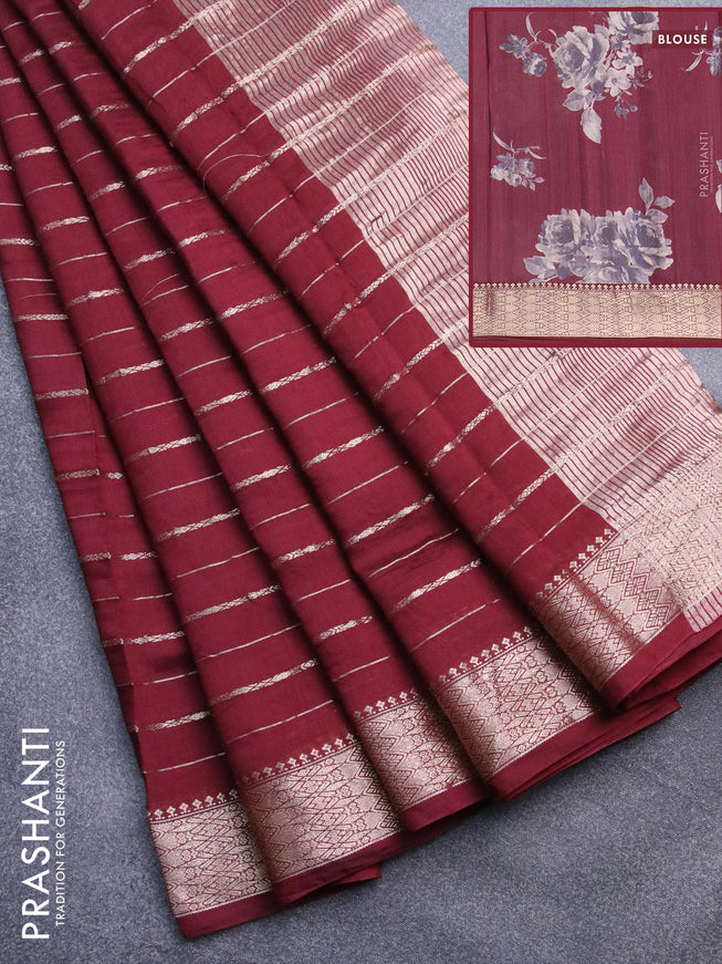 Assam silk saree maroon with allover zari woven stripes pattern and zari woven border