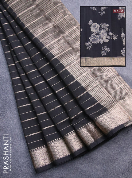 Assam silk saree black with allover zari woven stripes pattern and zari woven border