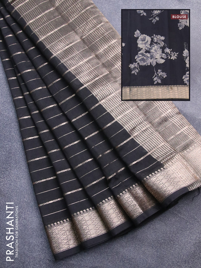 Assam silk saree black with allover zari woven stripes pattern and zari woven border