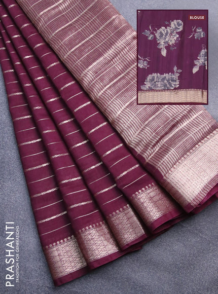 Assam silk saree wine shade with allover zari woven stripes pattern and zari woven border