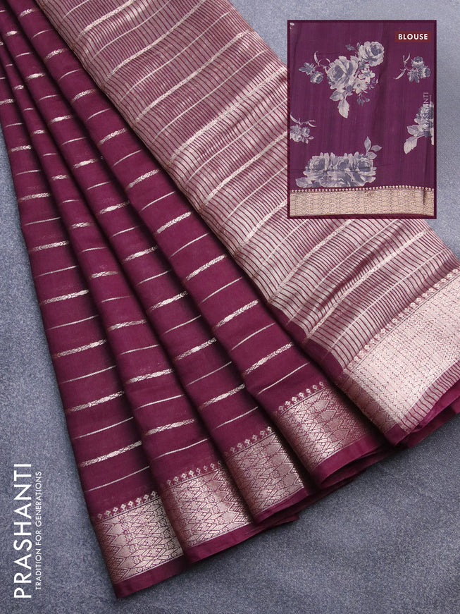 Assam silk saree wine shade with allover zari woven stripes pattern and zari woven border