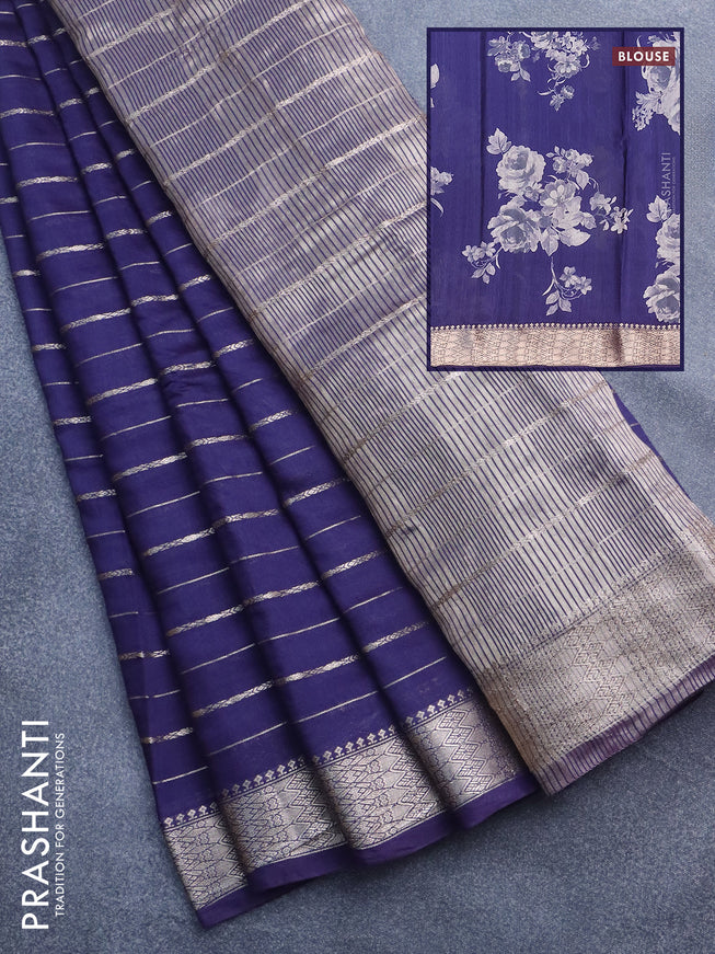 Assam silk saree blue with allover zari woven stripes pattern and zari woven border