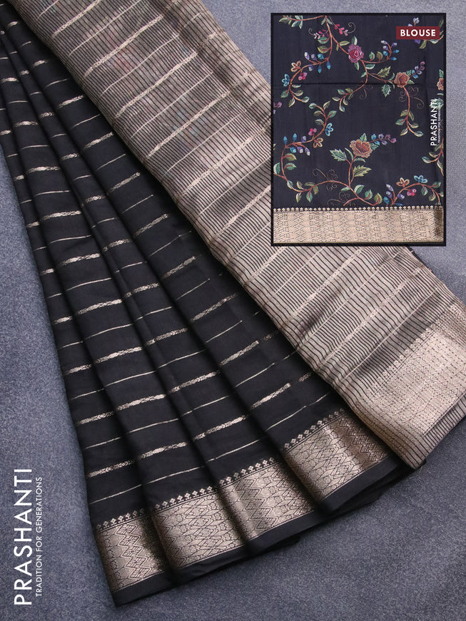 Assam silk saree black with allover zari woven stripes pattern and zari woven border