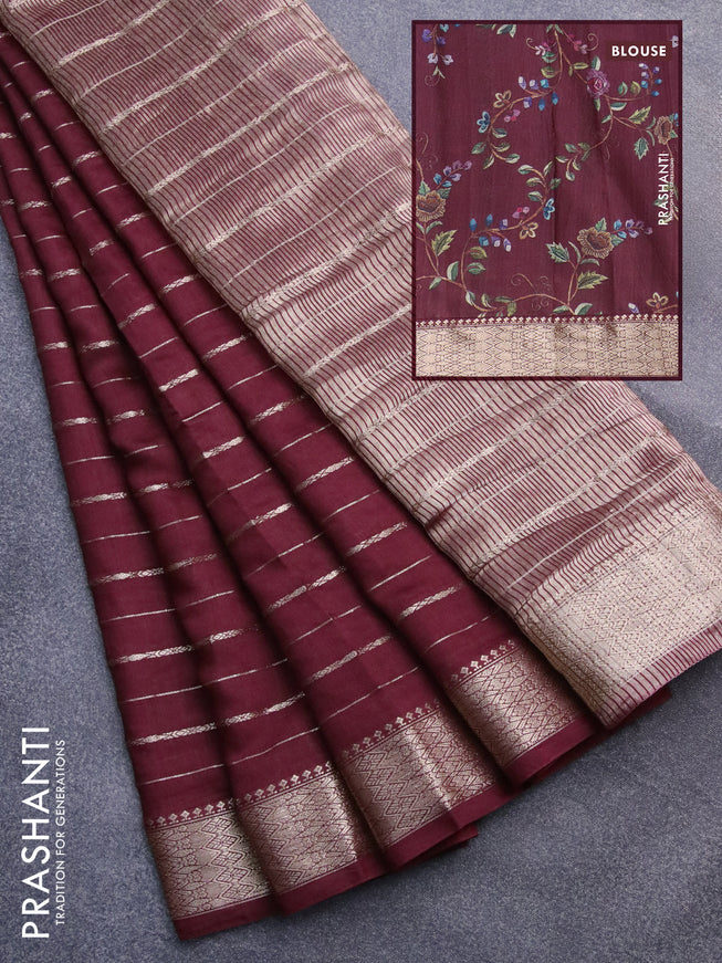 Assam silk saree maroon with allover zari woven stripes pattern and zari woven border