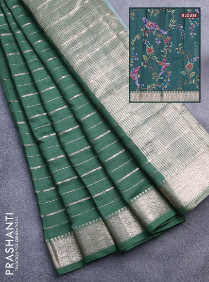 Assam silk saree green with allover zari woven stripes pattern and zari woven border