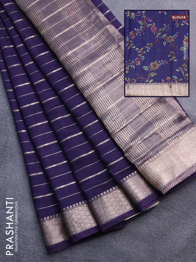 Assam silk saree blue with allover zari woven stripes pattern and zari woven border