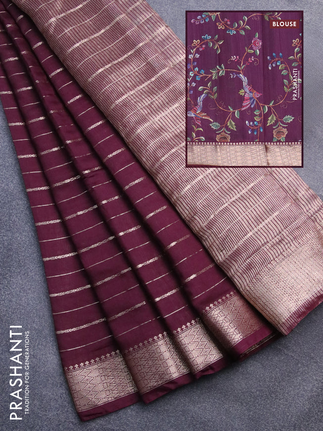 Assam silk saree wine shade with allover zari woven stripes pattern and zari woven border