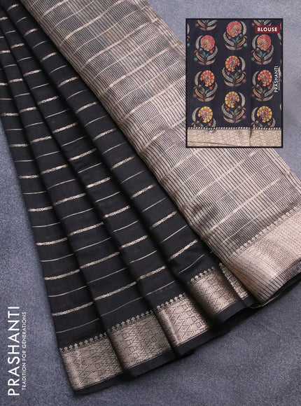 Assam silk saree black with allover zari woven stripes pattern and zari woven border