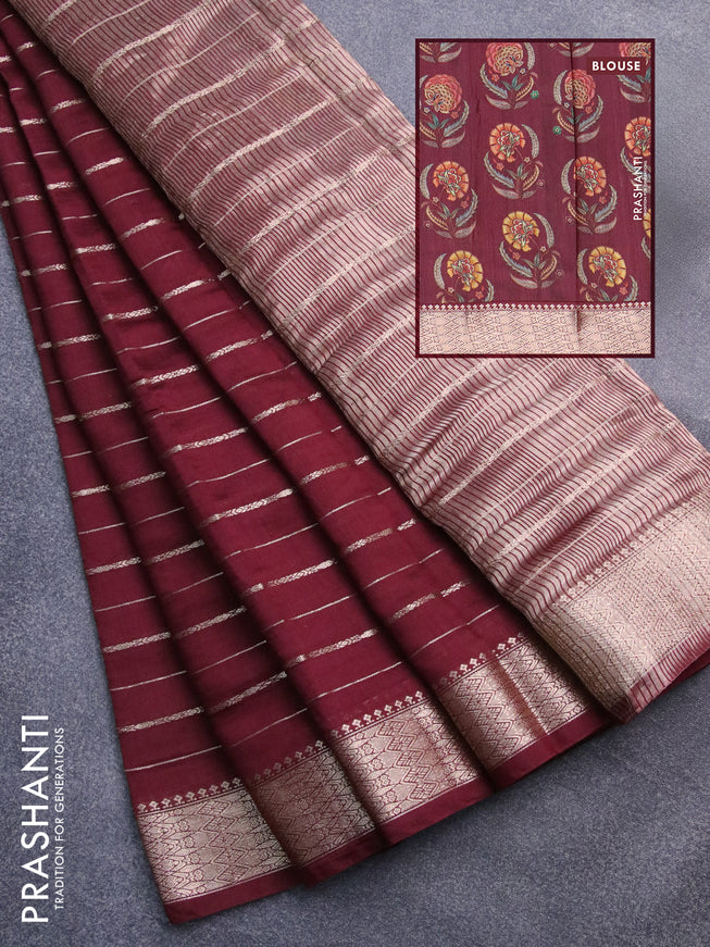 Assam silk saree maroon with allover zari woven stripes pattern and zari woven border