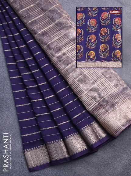 Assam silk saree blue with allover zari woven stripes pattern and zari woven border