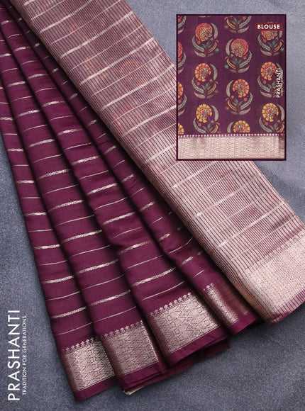 Assam silk saree wine shade with allover zari woven stripes pattern and zari woven border