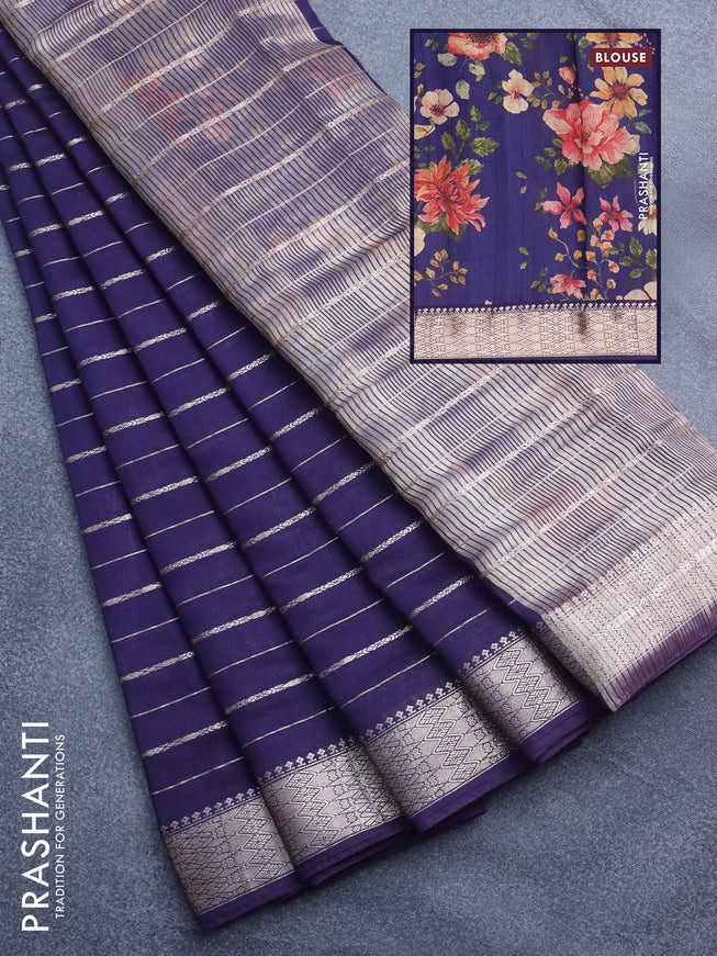 Assam silk saree blue with allover zari woven stripes pattern and zari woven border