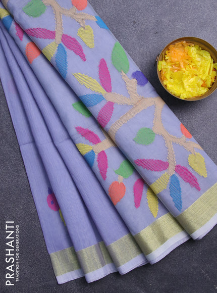 Jamdhani silk cotton saree bluish grey with thread woven bird buttas and zari woven border