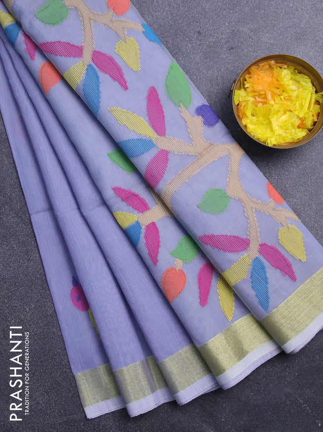 Jamdhani silk cotton saree bluish grey with thread woven bird buttas and zari woven border