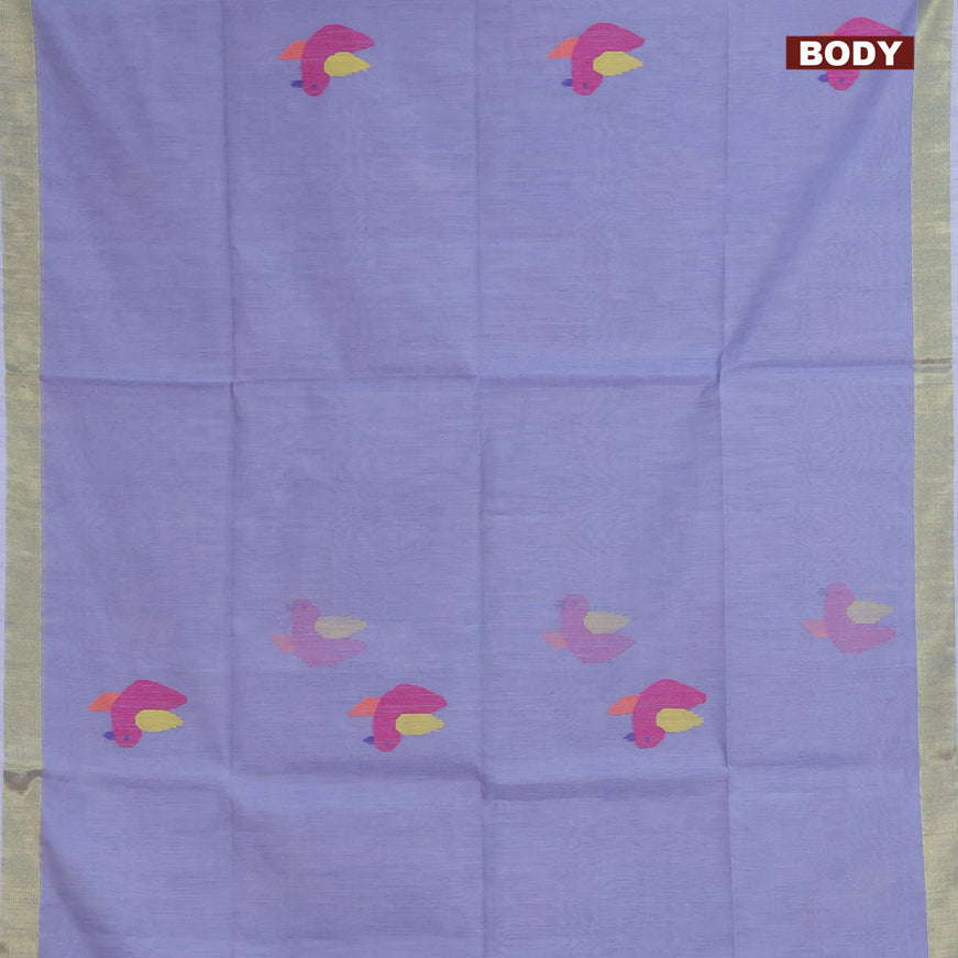 Jamdhani silk cotton saree bluish grey with thread woven bird buttas and zari woven border