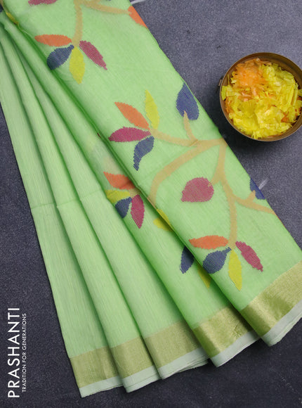 Jamdhani silk cotton saree pista green with thread woven floral buttas and zari woven border