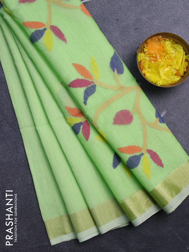 Jamdhani silk cotton saree pista green with thread woven floral buttas and zari woven border