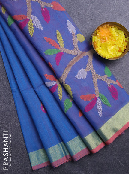 Jamdhani silk cotton saree dual shade of cs blue with thread woven floral buttas and zari woven border