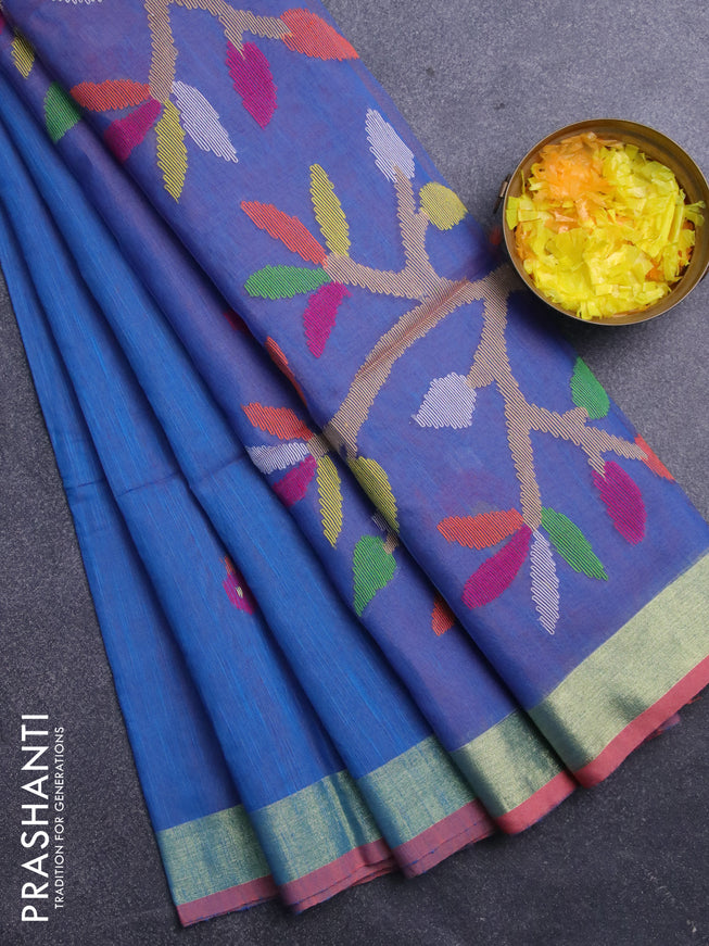 Jamdhani silk cotton saree dual shade of cs blue with thread woven floral buttas and zari woven border