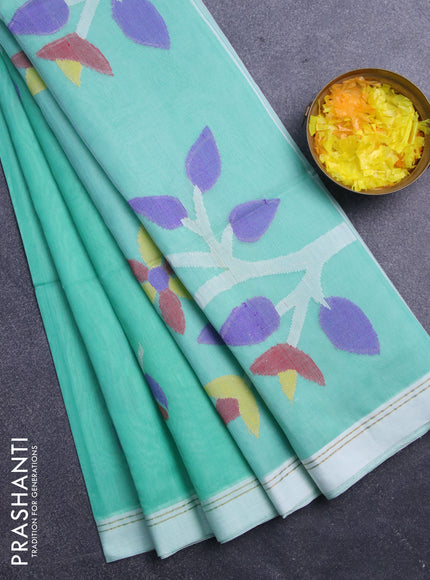 Jamdhani silk cotton saree teal green and teal blue with thread woven floral buttas and simple border