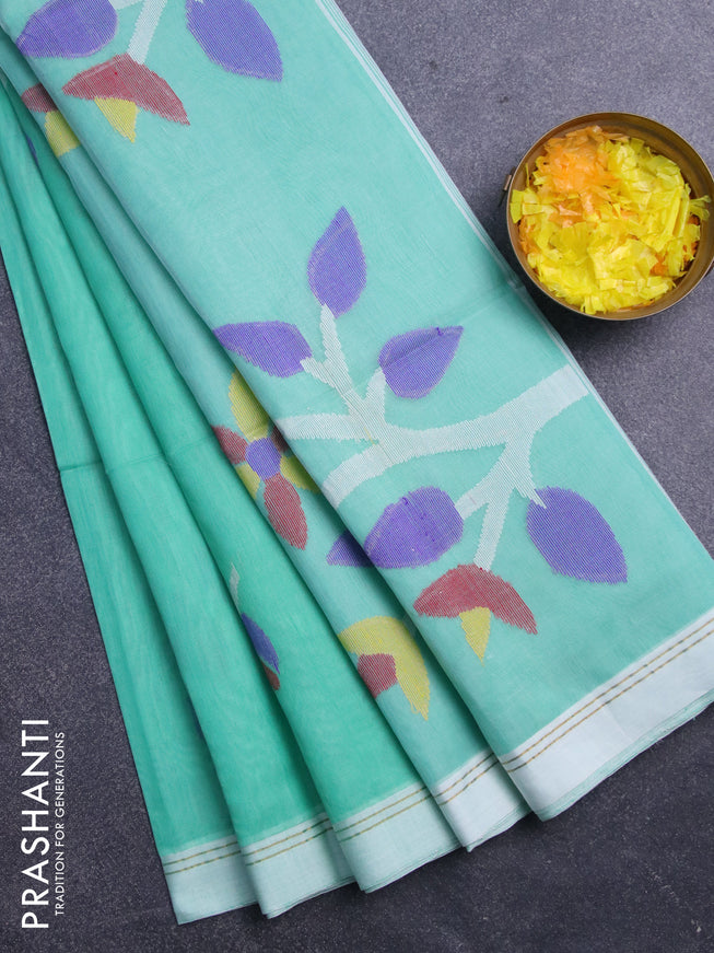 Jamdhani silk cotton saree teal green and teal blue with thread woven floral buttas and simple border