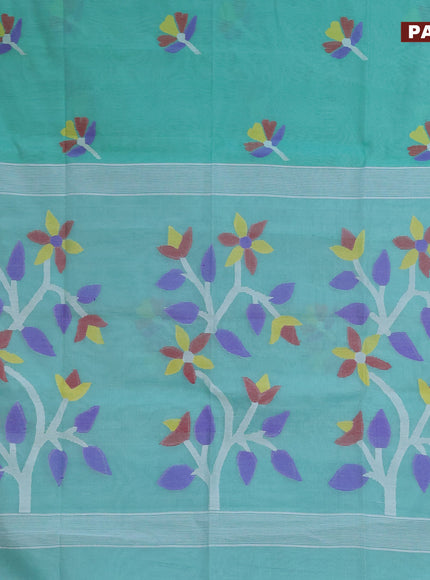 Jamdhani silk cotton saree teal green and teal blue with thread woven floral buttas and simple border