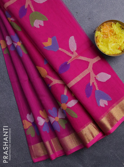 Jamdhani silk cotton saree pink with thread woven floral buttas and zari woven border