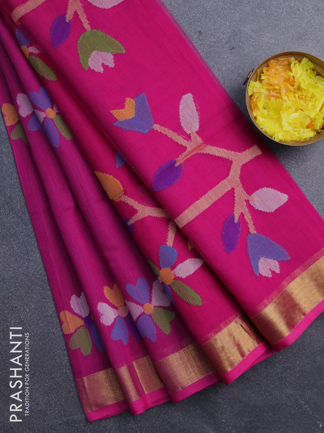 Jamdhani silk cotton saree pink with thread woven floral buttas and zari woven border