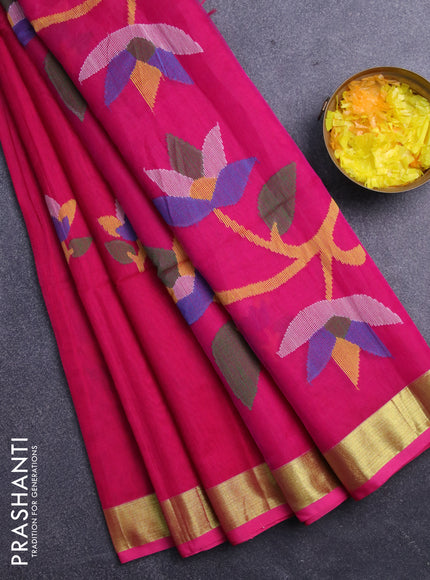 Jamdhani silk cotton saree pink with thread woven floral buttas and zari woven border